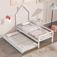 thumbnail image 1 of White Twin Platform Bed with House-Shaped Headboard and Trundle, Wooden Daybed Frame with Rails, Guardrails, and Steel Slat Support, No Box Spring Needed, 1 of 5