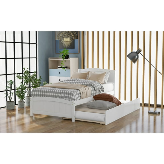 White Twin Platform Bed With Trundle - Solid Pine Wood For Bedroom Durability Size Furniture
