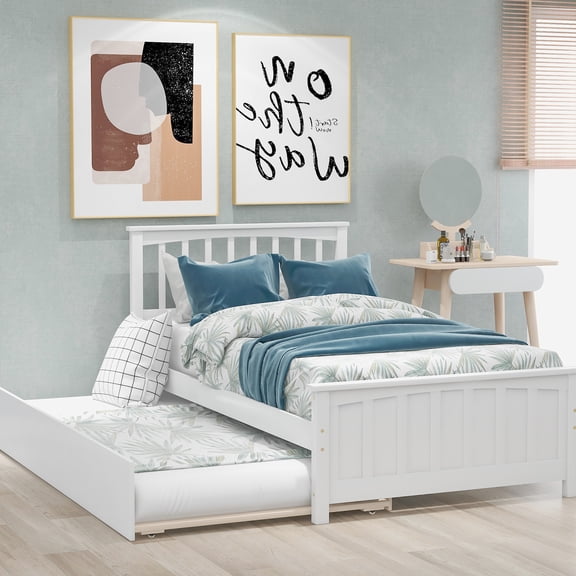 White Twin Platform Bed With Trundle - Solid Wood Frame For A Serene Sleeping Environment Size And Extra Space