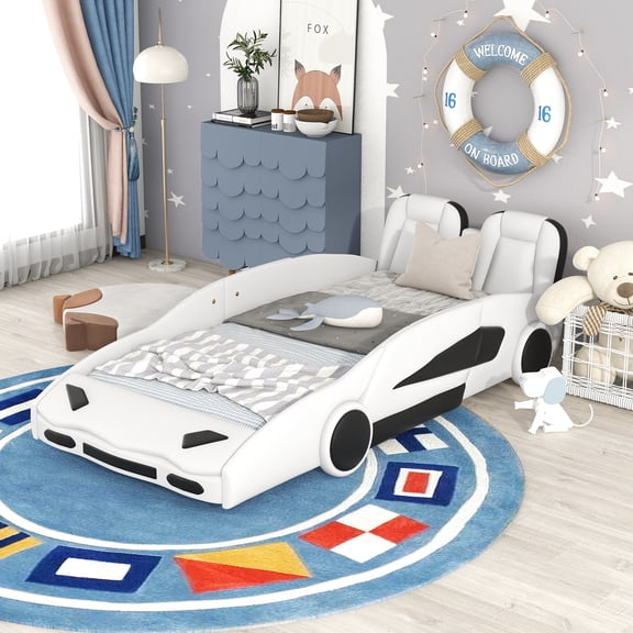 White Twin Race Car-shaped Bed With Sliding Mechanism Wheels - And Cool Bedroom Essential Platform Offer A Relaxing Sleeping Environment