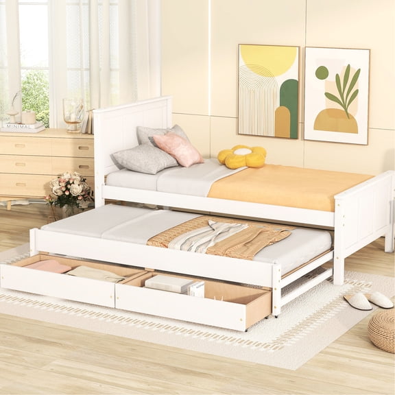 White Twin Size Bed With Trundle And Drawers - Strong Pine Construction, Enhances Bedroom Ambiance Comfort Platform Robust Structure, Adds Rustic Charm To Your Room