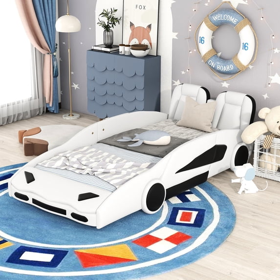 White Twin Size Bed With Race Car Design And Rotating Wheels - Attractive Bedroom Option Car-shaped Platform Offer A Peaceful Resting Space