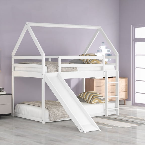 White Twin Size Bunk House Bed Featuring Slide & Ladder - Safe & Comfortable