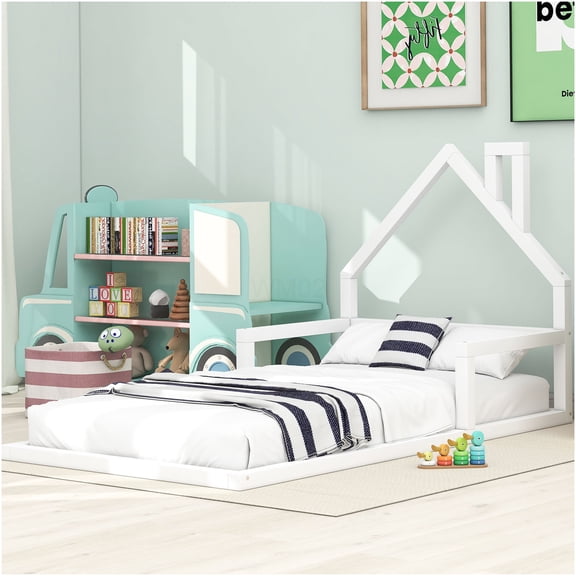 White Twin Size Floor Bed Frame, Low Profile Platform Bed with Solid Wood Support, No Box Spring Needed, Modern Minimalist Design