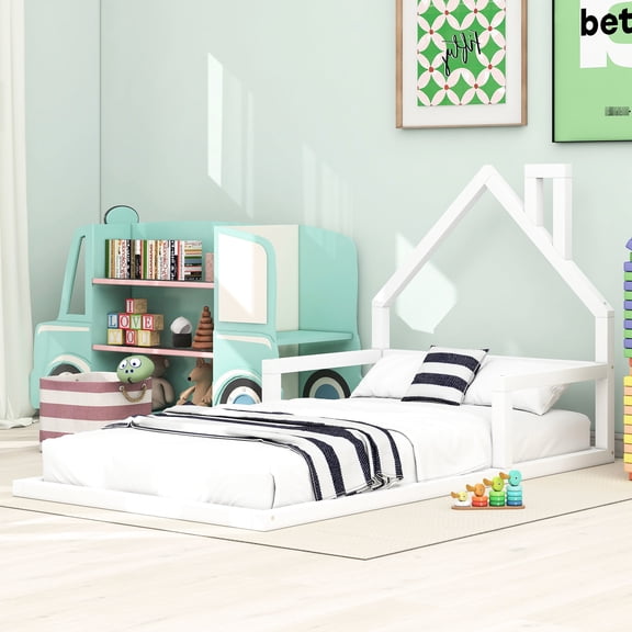 White Twin Size Floor Bed With Enchanting House-shaped Headboard - Solid Wood + , Bedroom Luxury Headboard, Modern Look
