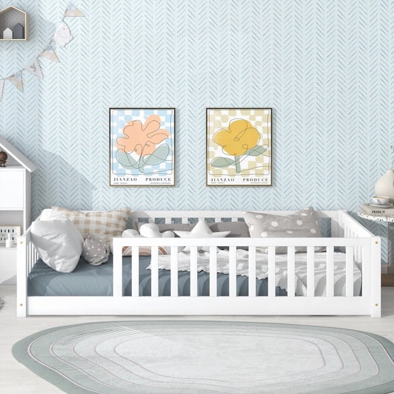 Floor Bed with Fence - Twin Size, Sturdy Rubber Wood and Plywood