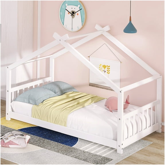 White Twin Size House Bed Frame with Roof, Solid Wood Structure for Study Space