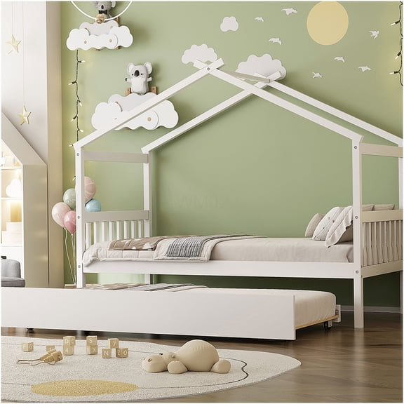 White Twin Size House Daybed with Pull-Out Trundle and Storage, No Box Spring Needed, Solid Wood Platform Bed Frame