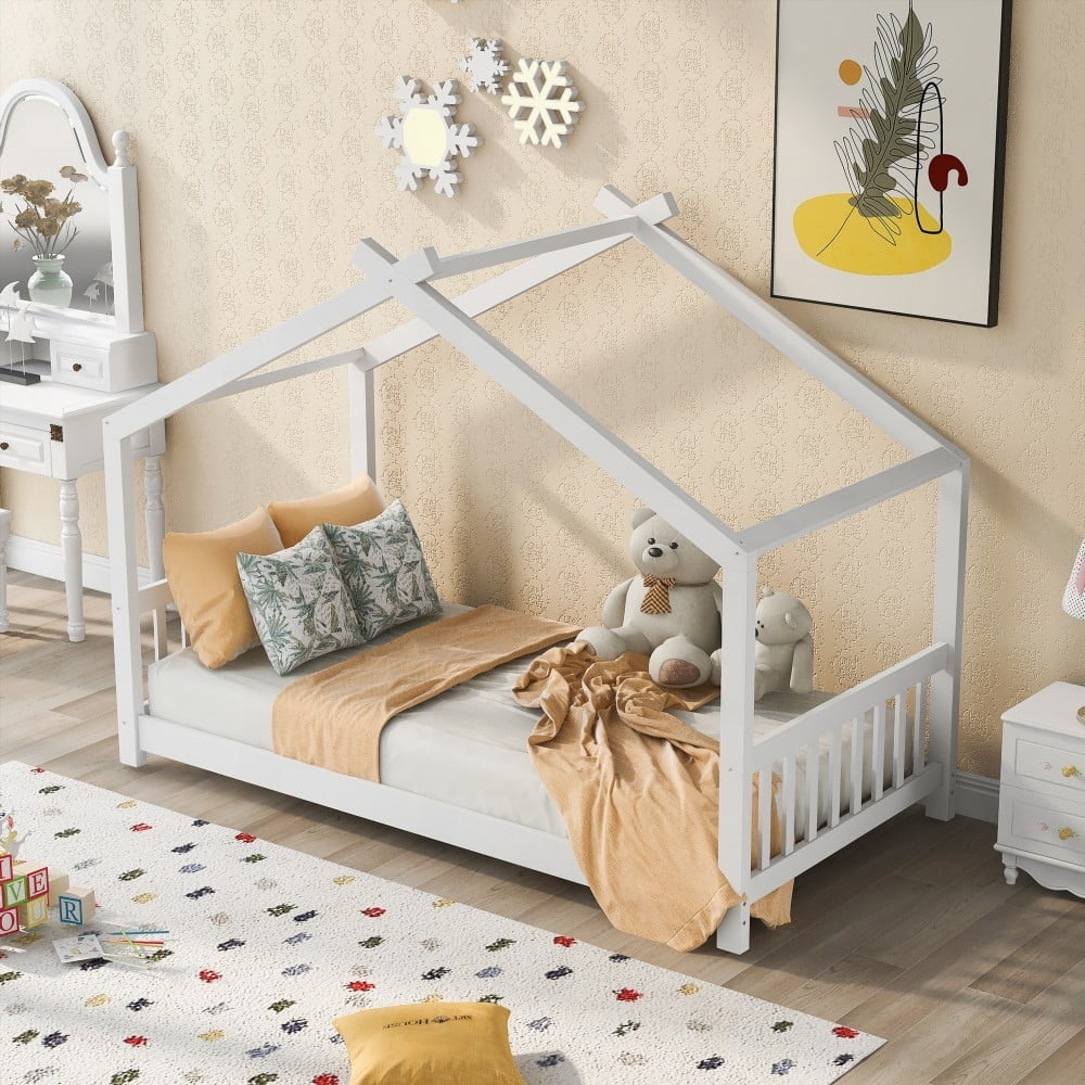 White Twin Size House Platform Bed - Easy Assembly & Durable Pine Wood