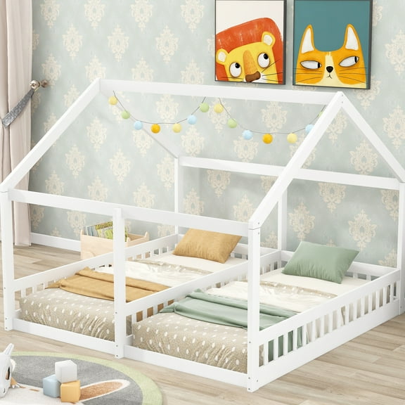 White Twin Size House Platform Beds - Two Shared Beds, Construction From Pine And , Guardrails Included 2 In One, White, Robust Build, Easy To Assemble With Measures