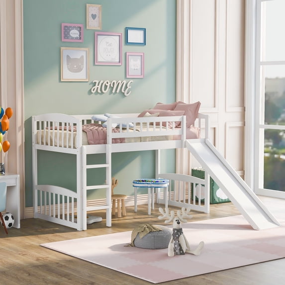 White Twin Size Loft Bed with Slide & Ladder - Solid Pine Wood Frame, Space-Saving Design for Bedroom Playroom, Max Weight 250 lbs