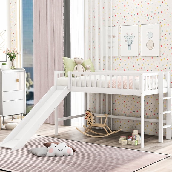 White Twin Size Low Loft Bed Featuring And Slide - Extra Entertainment Made Of Pine Wood & , Compact Vertical , Detachable Fun With Play Area Under