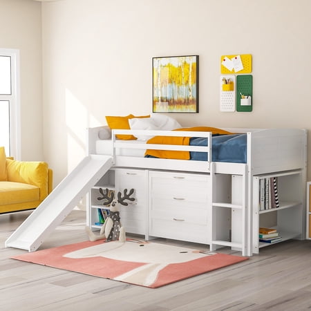 White Twin Size Low Loft Bed With Cabinets and Slide