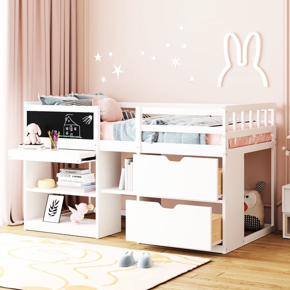White Twin Size Low Loft Bed With Rolling Desk, Shelf & Drawers - Functional And Strong Solid Wood For A Stylish Bedroom Look