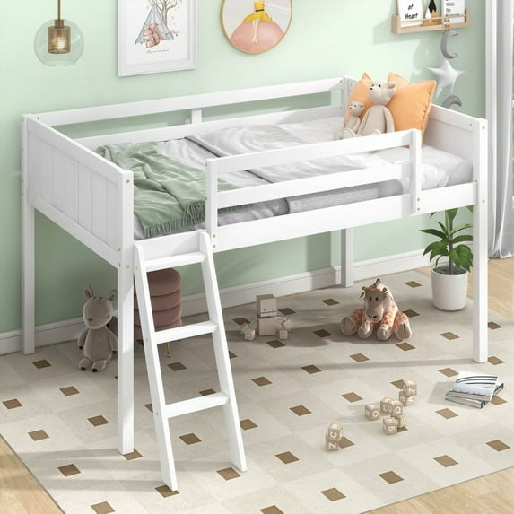 White Twin Size Low Loft Bed with Wood Ladder - Sturdy and Safe Features
