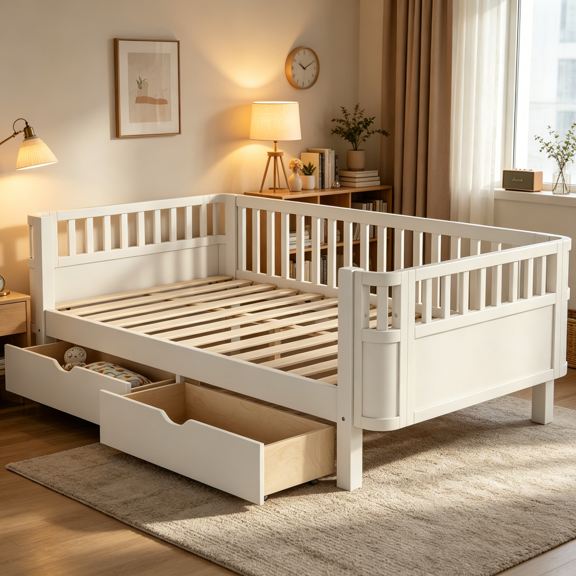 White Twin Size Low Profile Platform Bed with Safety Rails and Underbed Storage