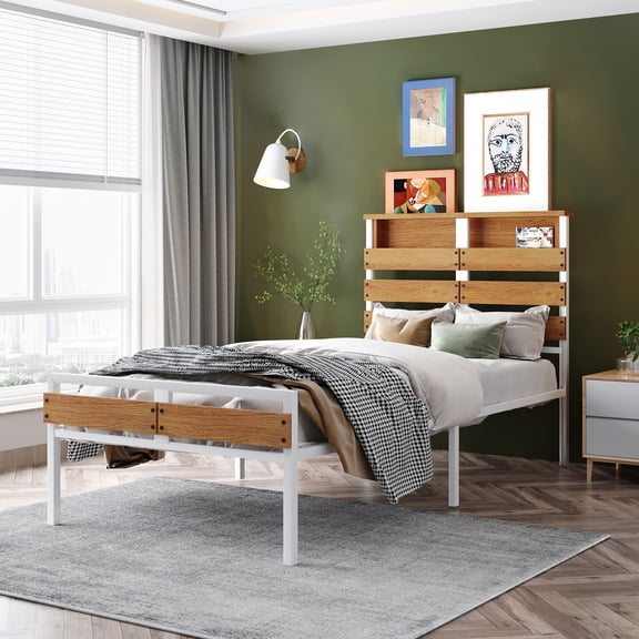 White Twin Size Metal and Wood Bed Frame Platform Bed with Headboard and Footboard ,No Box Spring Needed