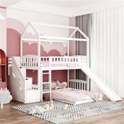 White Twin Size Over Play House Perpendicular Bunk Bed with Slide