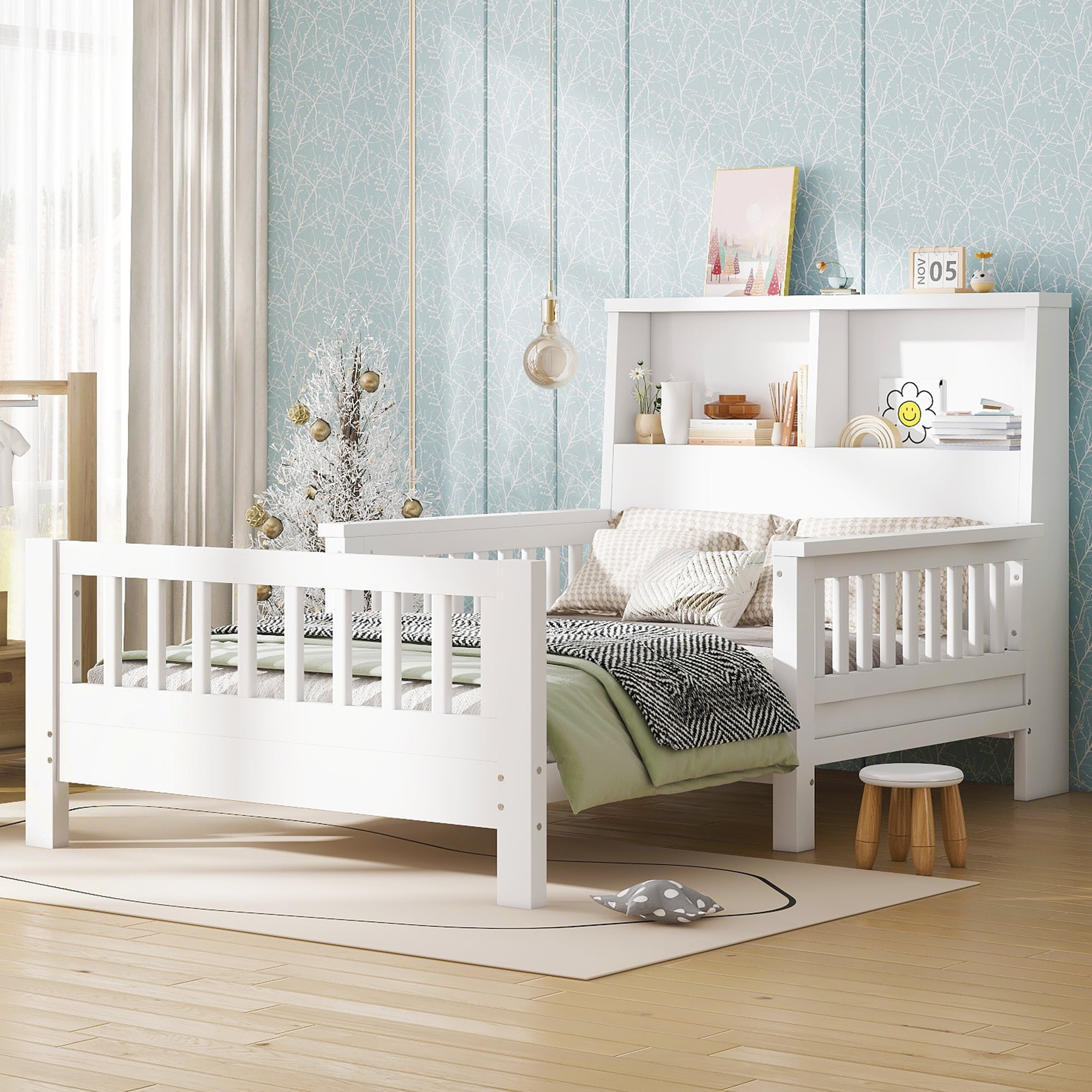 White Twin Size Platform Bed with Storage Headboard, Pull-Out Design ...
