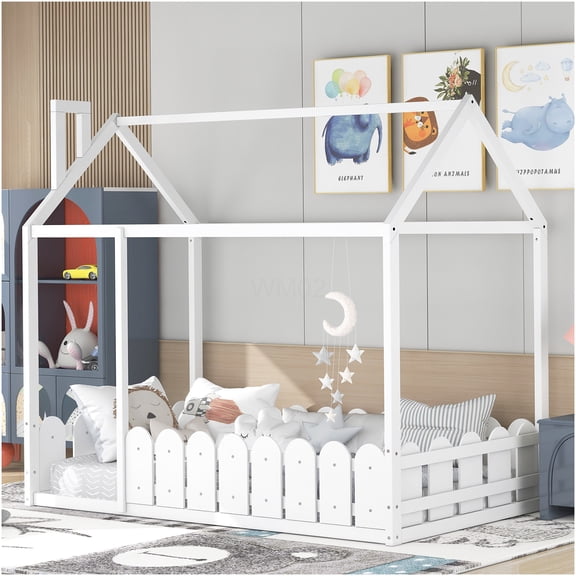 White Twin Size Playhouse Bed Frame with Roof and Safety Rails, Solid Wood Structure for Study and Relaxation, Easy Assembly in One Box