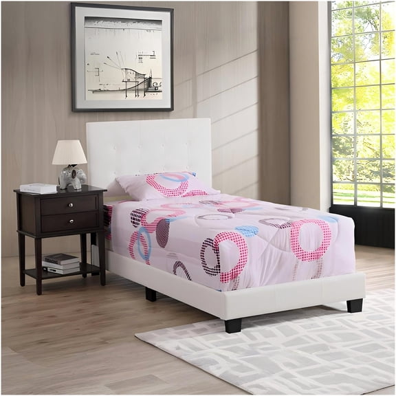 White Twin Size Upholstered Platform Bed Frame with Button Tufted Headboard, Faux Leather Modern Bed for Small Spaces