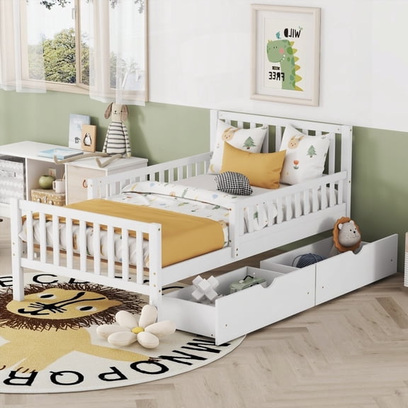 White Twin Size Wood Platform Bed Equipped with Guardrails & 2 Space-saving Drawers