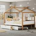 thumbnail image 1 of White Twin Size Wooden House Bed with Original Wood Colored Frame Twin Size Trundle and Bookshelf Storage Space, 1 of 13