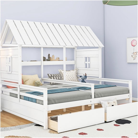 White Twin Storage Platform Beds with Drawers, Side by Side House Design Bed Frame for Shared Spaces, Solid Wood MDF Build