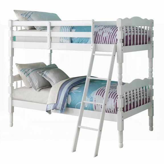White Twin Twin Bunk Bed - 6 Slat System & Built-in Ladder for Safety