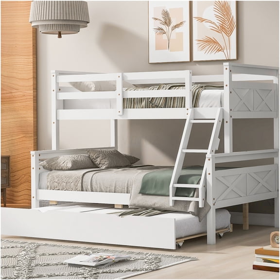 White Twin over Full Bunk Bed with Trundle, Space Saving Wooden Loft Bed Frame with Ladder and Guardrails