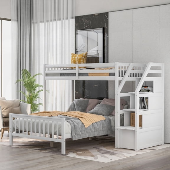 White Twin over Full Loft Bed Featuring a Staircase & Flip-Up Storage Compartment