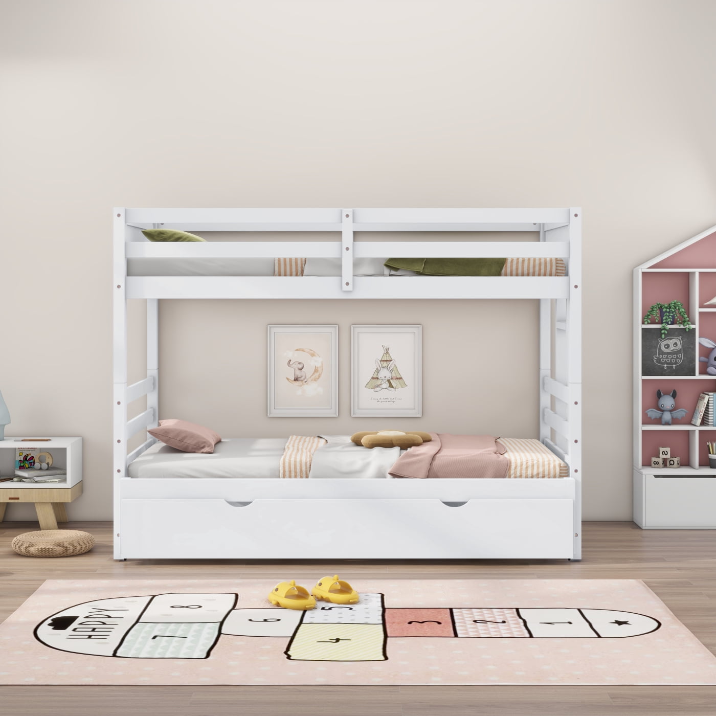 White Twin over Pull-Out Bunk Bed with Trundle - Pine Bed Frame, Space ...