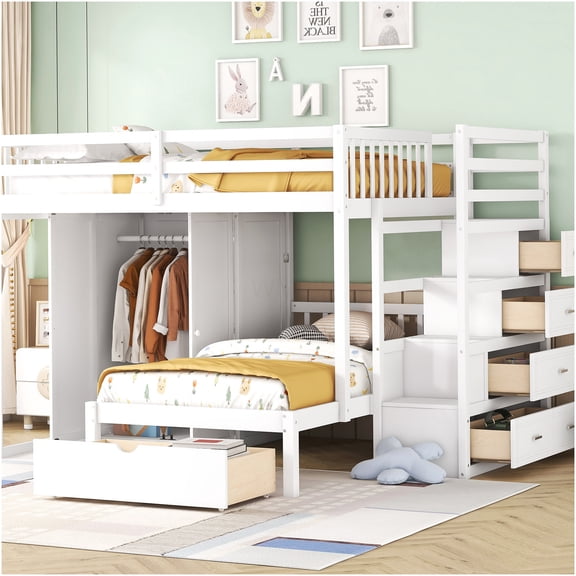 White Twin over Twin Bunk Bed with Stairs, Built-in Wardrobe & 5 Storage Drawers, Space Saving Solid Wood Loft Bed with Ladder for Bedroom