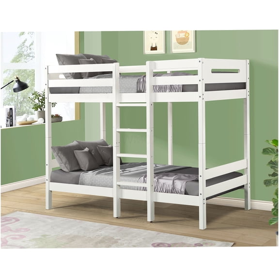 White Twin over Twin Bunk Bed with Wood Slats, No Box Spring Needed, Easy Assembly KD Design, Space Saving Bed Frame for Compact Spaces