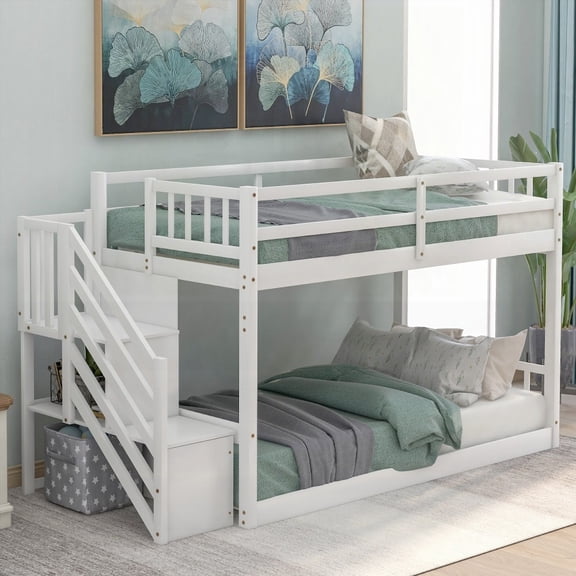 White Twin over Twin Floor Bunk Bed - Sturdy Solid Pine Wood, 200lb Capacity