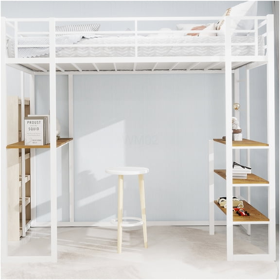 White Twin over Twin Metal Bunk Bed with L-Shaped Study Desk, Stairs & Guardrails, Space-Saving Loft Bed for & Teens