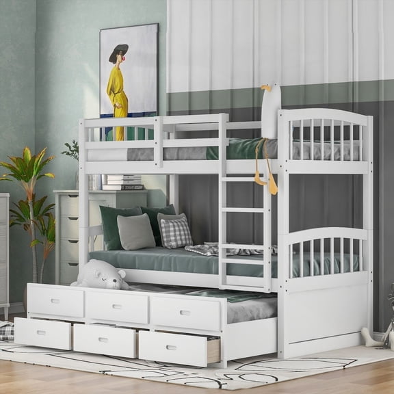 White Twin over Twin Wood Bunk Bed Featuring Trundle & 3 Drawers, Gently Arched Details