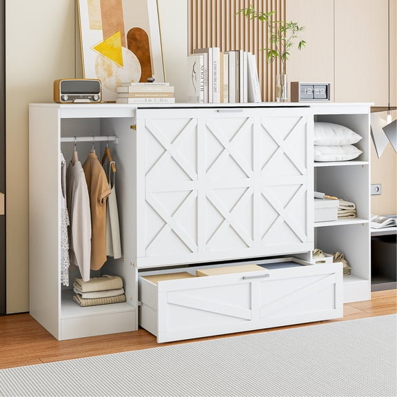 White Twin-size Bed With Wardrobe And Side Shelves - Construction Twin Storage Bedside Stable Structure Option