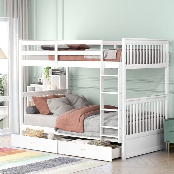 White Twintwin Bunk Bed With 2 Storage Drawers & - Robust Structure In Functional Bedroom Option