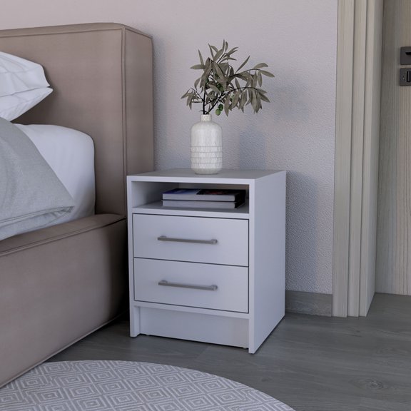 White Two - Drawer Nightstand with Metallic Handles | For Night Use in Bedroom | Made from Premium Particle Board | Solves Nightstand Organization Disorder