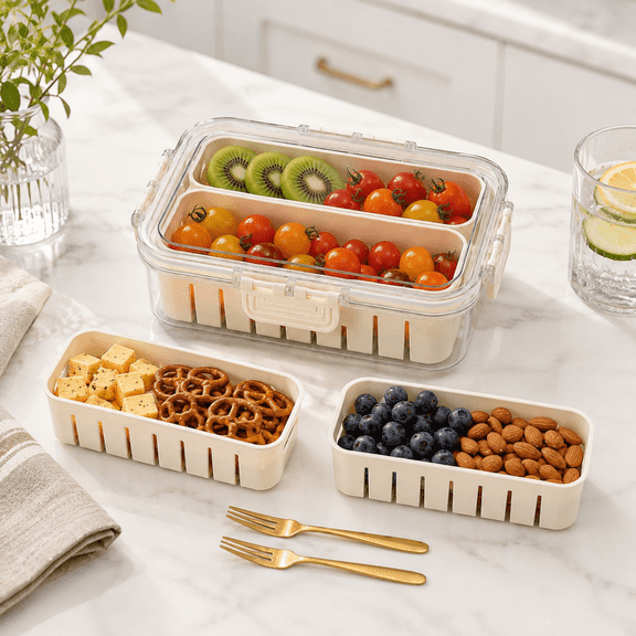 White Two-Section Snack Caddy with Lid, Large Reusable Food Organizer for Candy, Fruit, Nuts, Crackers, Road Trips, Picnics and Parties, 1 Pack