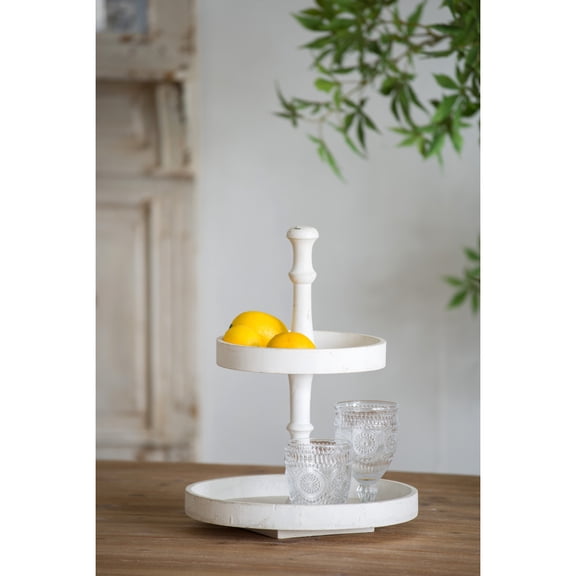 White Two-Tiered Round Wooden Serving Tray, Farmhouse Decorative Stand