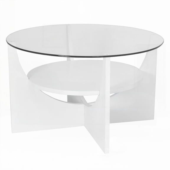 White U Shaped Coffee Table by LumiSource - Features Circular Glass Top and Shelf