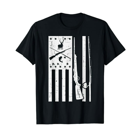 White USA Flag Rifle Fishing Rod Fish Deer Hunting Patriotic T-Shirt