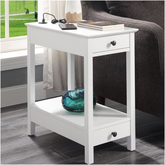 White USB End Table with Storage Drawers, Modern Accent Table for Living Room, Charging Station Side Table with USB Port, Small Nightstand for Bedroom