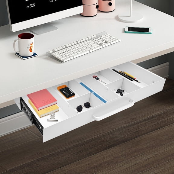 White Under Desk Mounted Sliding Pull-out Drawer,Iron Drawer Storage Organizer for Standing Desks, Pull-out Drawer