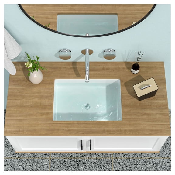 White Undermount Bathroom Sink 19.5x14 inch - Rectangular Ceramic Sink with Overflow - Modern Design for Bathroom Renovation & Remodel