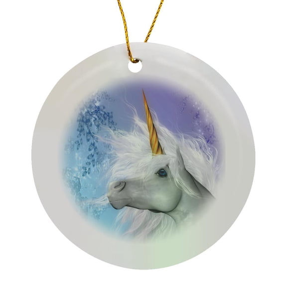 White Unicorn Brilliant Horn And Pastel Background Art In High Definition, Circle Porcelain Ornament