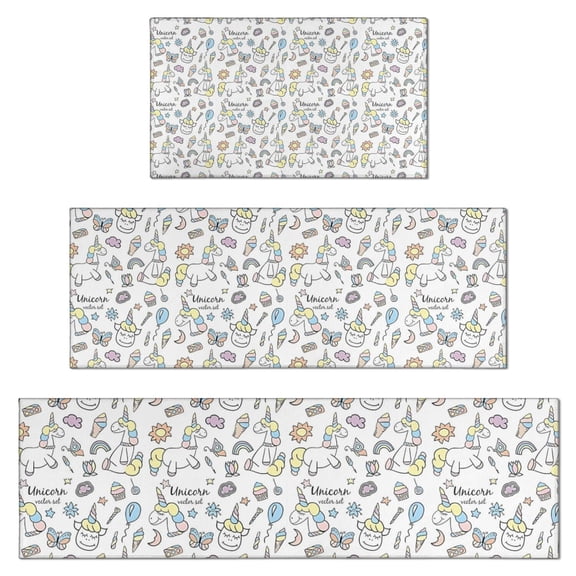 White Unicorn Dessert Pattern Kitchen Rugs Sets Of 3,Kitchen Runner Rugs Non Skid Washable,Decorative Kitchen Floor Mats for Kitchen,Sink,Laundry,17"x30"+ 17"x47" + 17"x59"