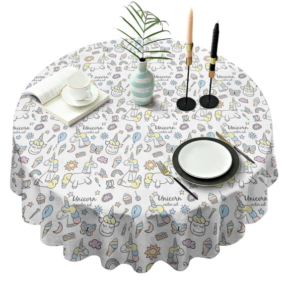 White Unicorn Dessert Pattern Round Tablecloth 60"x60",Wrinkle Wipeable Table Cloth for Kitchen Dining Room Picnic Patio Party